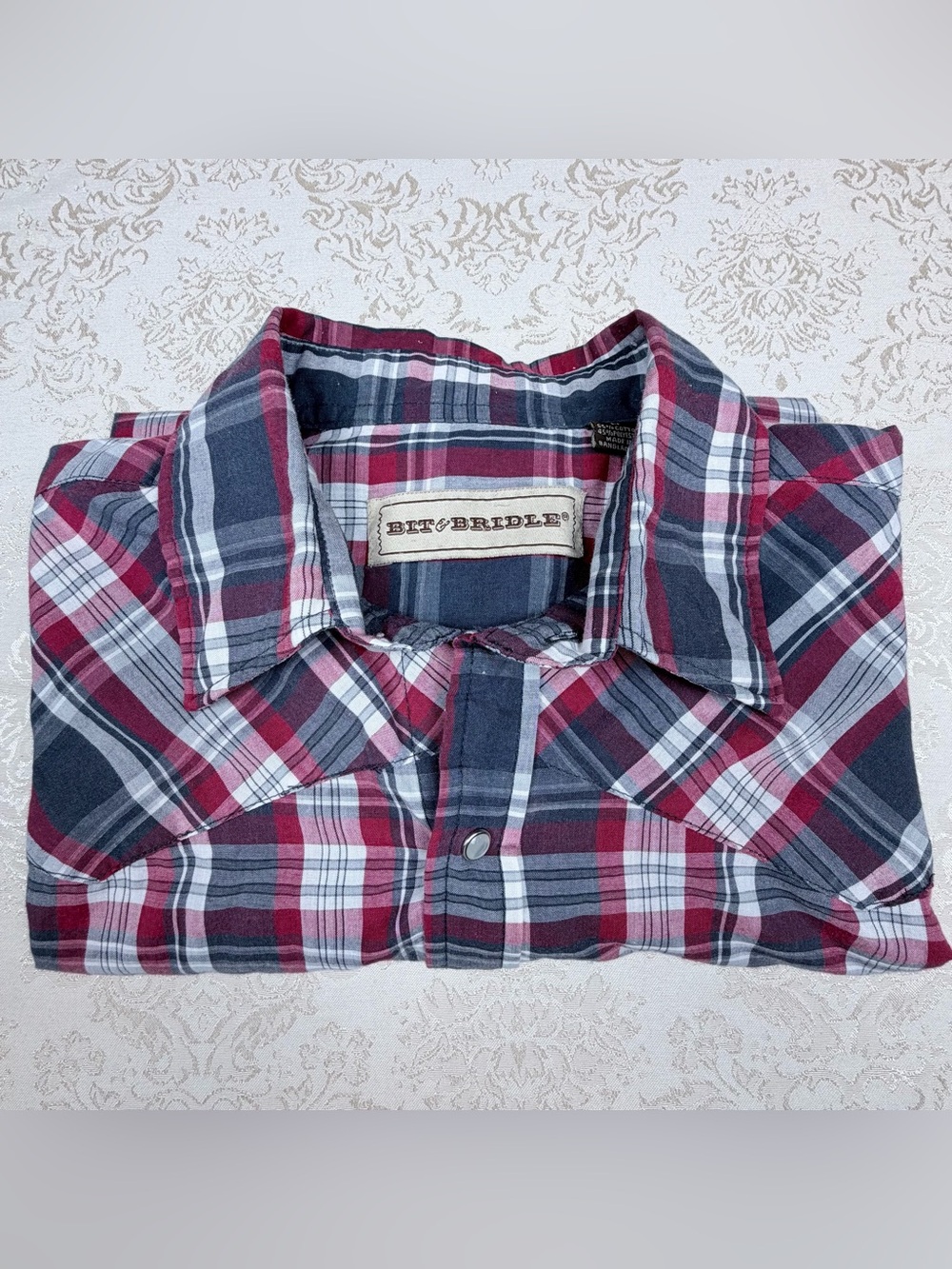 Bit & Bridle Red, Navy & White Plaid Button-Down Shirt, Pearl Snap, LT
